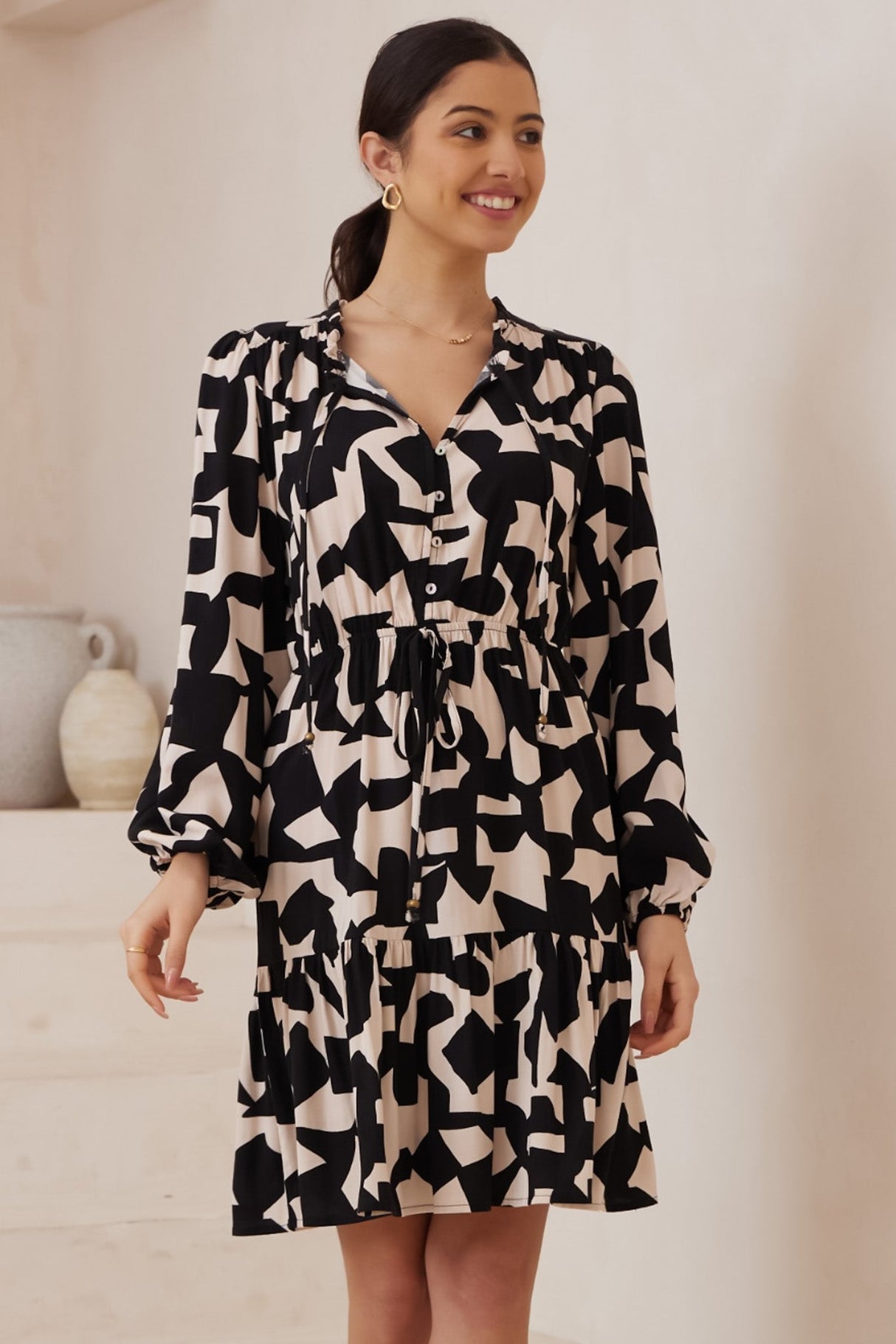 Stazie Mini Dress - Long Sleeve Pull Tie Waist Dress in Adley Print