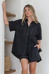 Steele Shirt - Collared Button Down Shirt with Contrast Stitching in Black