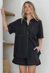 Steele Shirt - Collared Button Down Shirt with Contrast Stitching in Black
