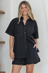 Steele Shirt - Collared Button Down Shirt with Contrast Stitching in Black