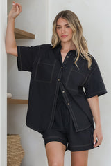 Steele Shirt - Collared Button Down Shirt with Contrast Stitching in Black