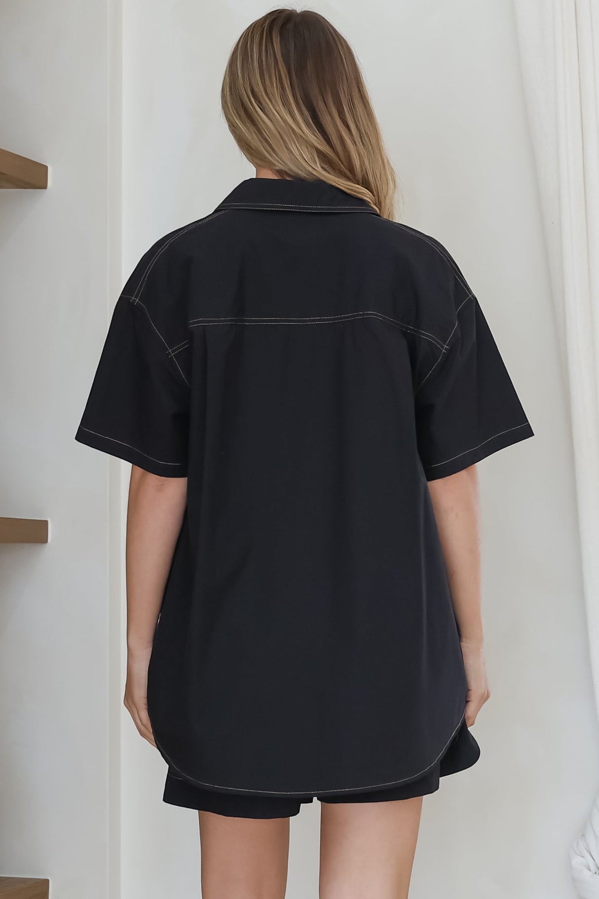Steele Shirt - Collared Button Down Shirt with Contrast Stitching in Black