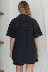 Steele Shirt - Collared Button Down Shirt with Contrast Stitching in Black