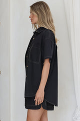 Steele Shirt - Collared Button Down Shirt with Contrast Stitching in Black