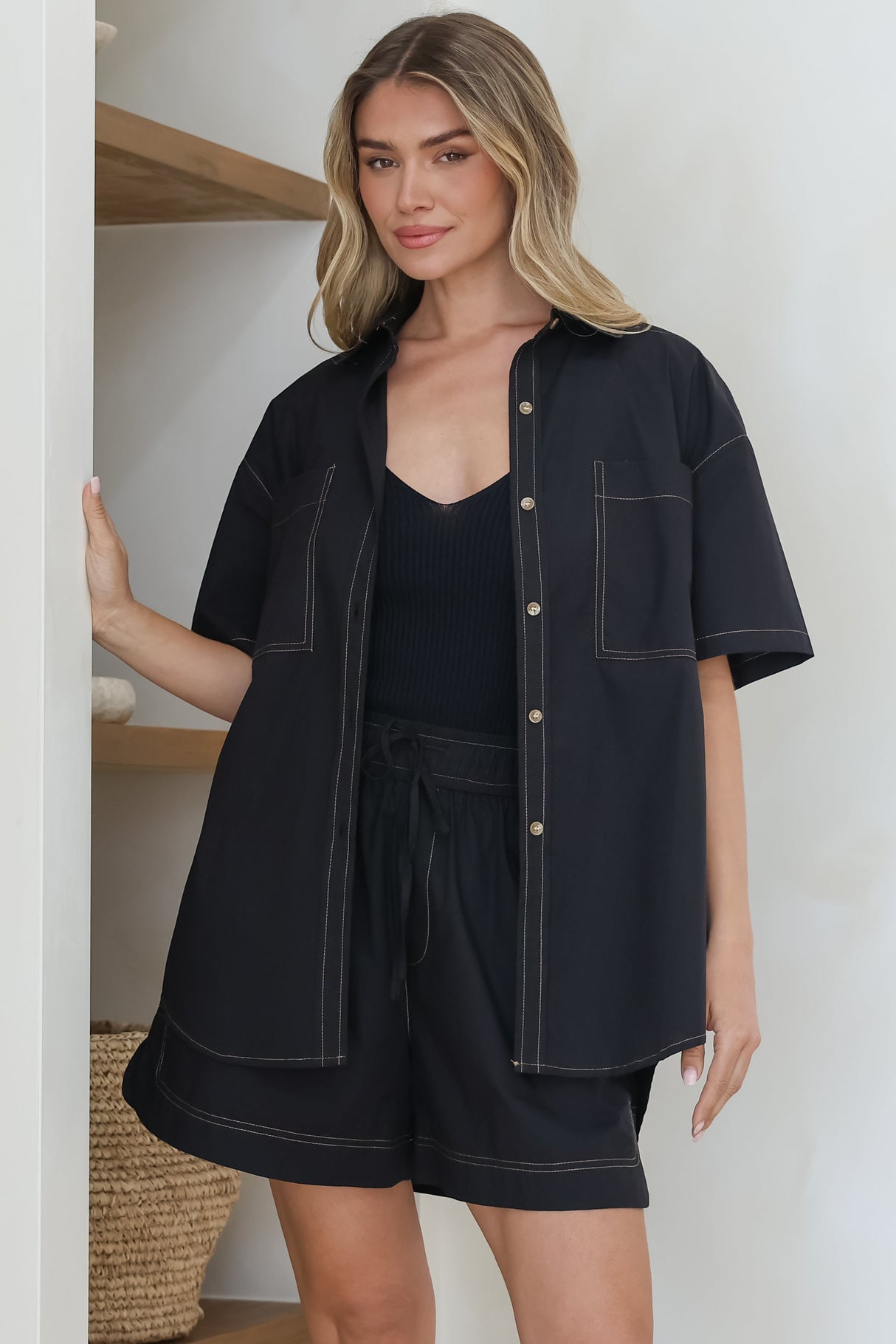 Steele Shirt - Collared Button Down Shirt with Contrast Stitching in Black