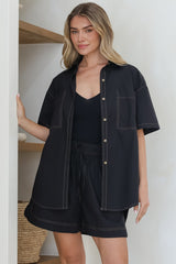 Steele Shirt - Collared Button Down Shirt with Contrast Stitching in Black
