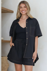 Steele Shorts - Elasticated High Waist Contrast Stitched Shorts in Black