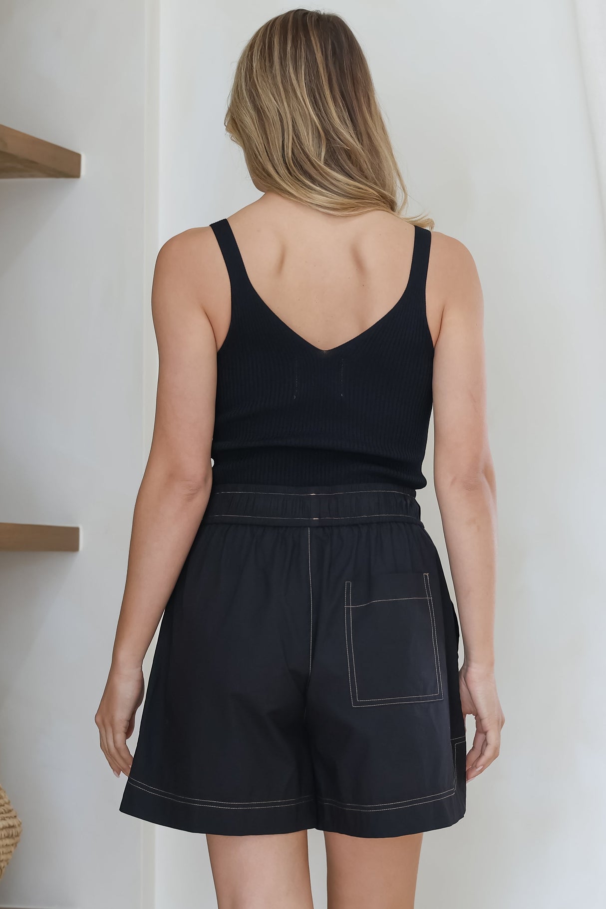 Steele Shorts - Elasticated High Waist Contrast Stitched Shorts in Black