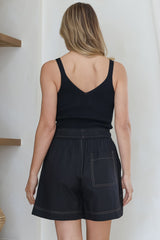 Steele Shorts - Elasticated High Waist Contrast Stitched Shorts in Black