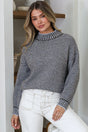 Model wearing Stellan Jumper in Blue/Chocolate from Salty Crush