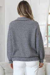 Stellan Jumper - Mock Neck Striped Ribbed Hem Knit in Blue/Chocolate
