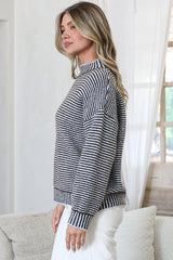 Stellan Jumper - Mock Neck Striped Ribbed Hem Knit in Blue/Chocolate