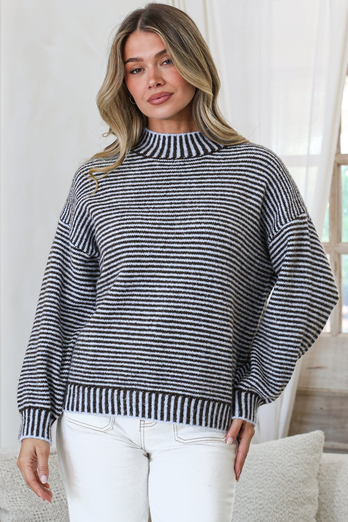 Stellan Jumper - Mock Neck Striped Ribbed Hem Knit in Blue/Chocolate