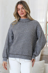 Stellan Jumper - Mock Neck Striped Ribbed Hem Knit in Blue/Chocolate