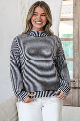 Stellan Jumper - Mock Neck Striped Ribbed Hem Knit in Blue/Chocolate