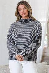 Stellan Jumper - Mock Neck Striped Ribbed Hem Knit in Blue/Chocolate