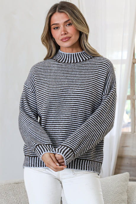 Stellan Jumper - Mock Neck Striped Ribbed Hem Knit in Blue/Chocolate