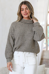 Stellan Jumper - Mock Neck Striped Ribbed Hem Knit in Cream/Chocolate