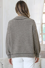 Stellan Jumper - Mock Neck Striped Ribbed Hem Knit in Cream/Chocolate