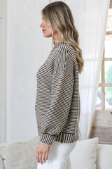 Stellan Jumper - Mock Neck Striped Ribbed Hem Knit in Cream/Chocolate