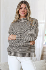 Stellan Jumper - Mock Neck Striped Ribbed Hem Knit in Cream/Chocolate
