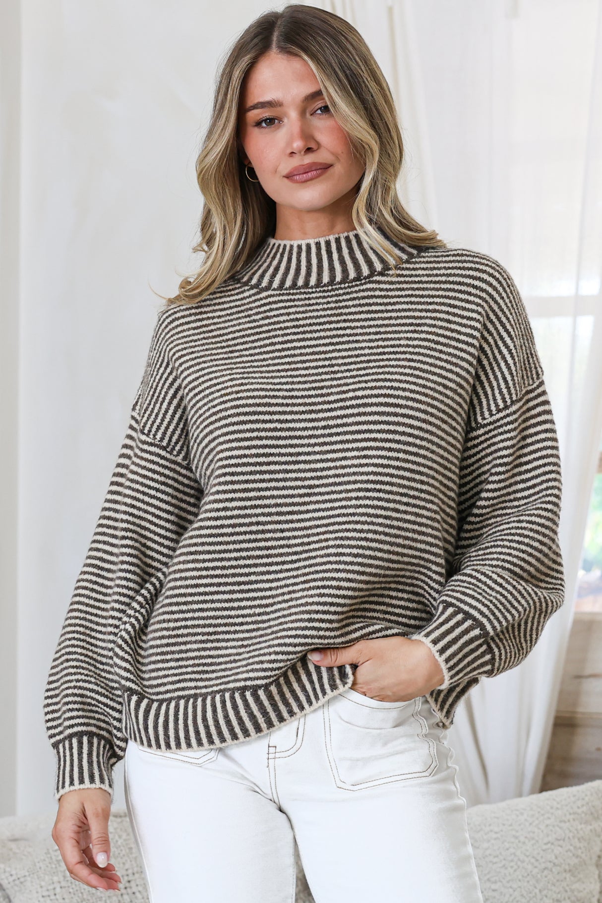 Stellan Jumper - Mock Neck Striped Ribbed Hem Knit in Cream/Chocolate