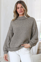 Stellan Jumper - Mock Neck Striped Ribbed Hem Knit in Cream/Chocolate