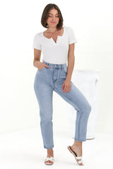 Stellan Jeans - High Waisted Girlfriend Jean in Mid Wash Denim