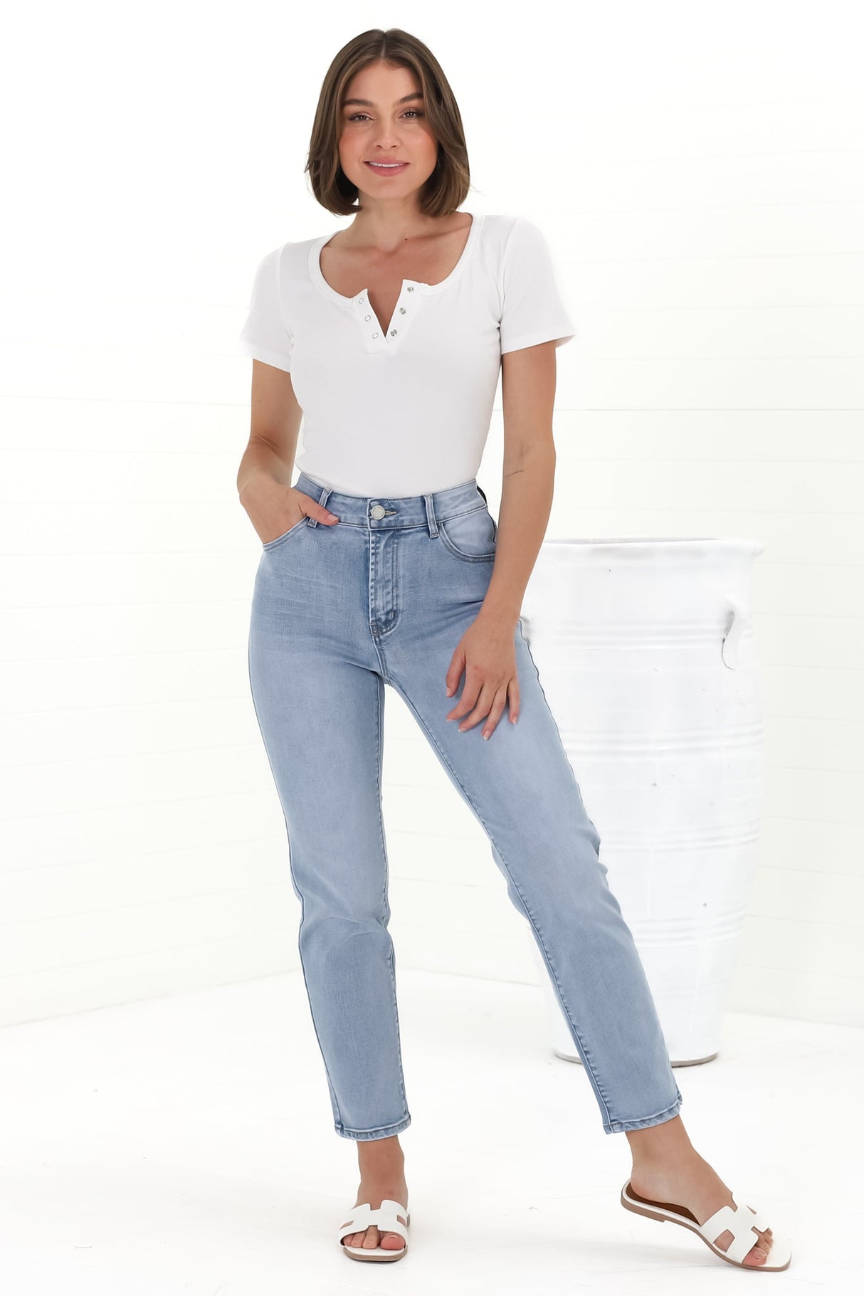 Stellan Jeans - High Waisted Girlfriend Jean in Mid Wash Denim