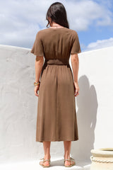 Stellar Midi Dress - Flutter Sleeve A-Line Dress with Pin Tuck Waist Detail in Chocolate
