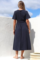 Stellar Midi Dress - Flutter Sleeve A-Line Dress with Pin Tuck Waist Detail in Navy