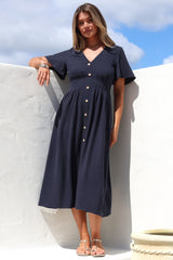 Stellar Midi Dress - Flutter Sleeve A-Line Dress with Pin Tuck Waist Detail in Navy