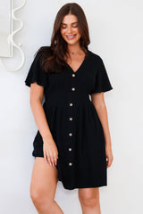 Stellar Mini Dress - Flutter Sleeve A-Line Dress with Pin Tuck Waist Detail in Black