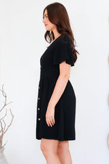Stellar Mini Dress - Flutter Sleeve A-Line Dress with Pin Tuck Waist Detail in Black