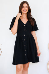 Stellar Mini Dress - Flutter Sleeve A-Line Dress with Pin Tuck Waist Detail in Black