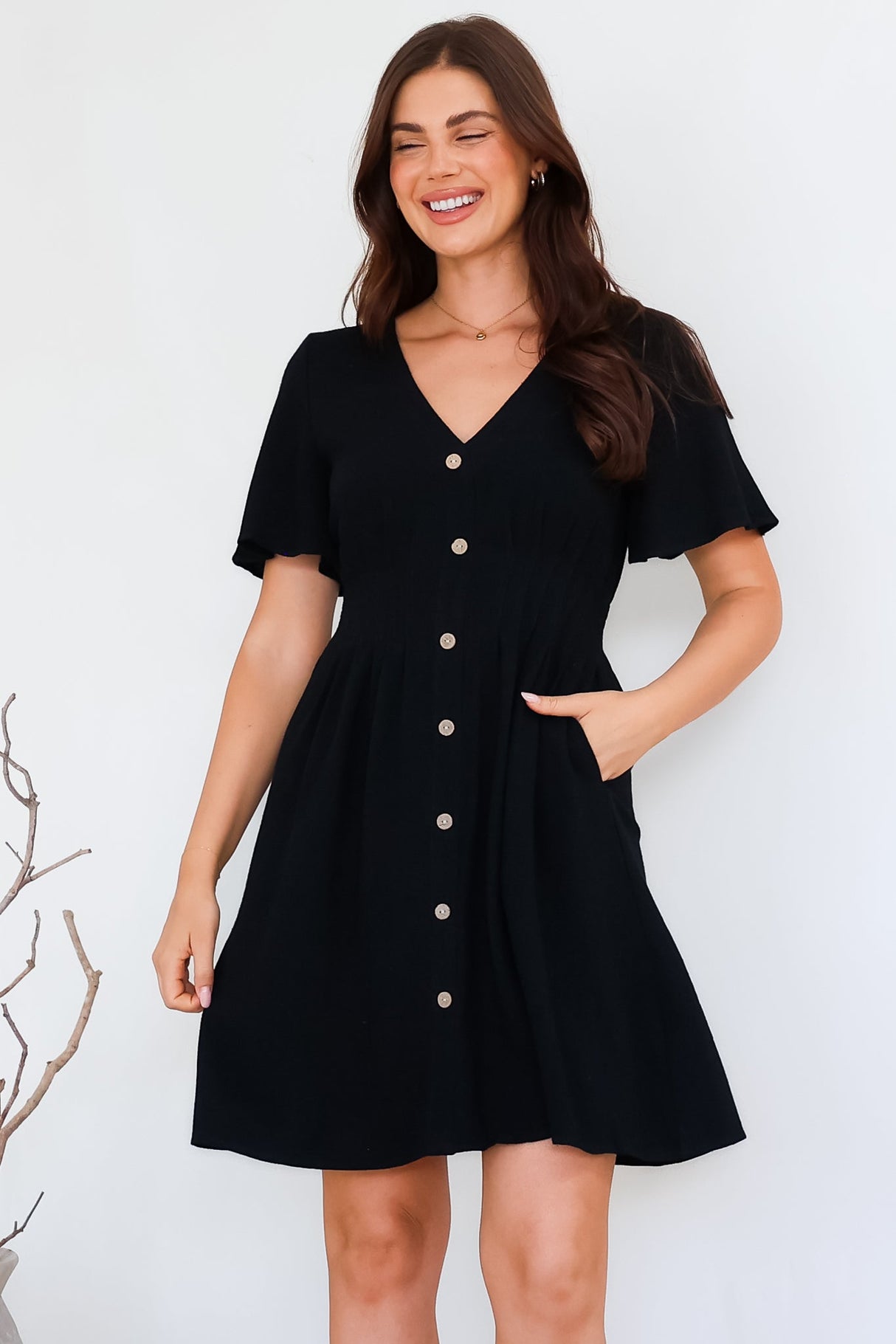 Stellar Mini Dress - Flutter Sleeve A-Line Dress with Pin Tuck Waist Detail in Black