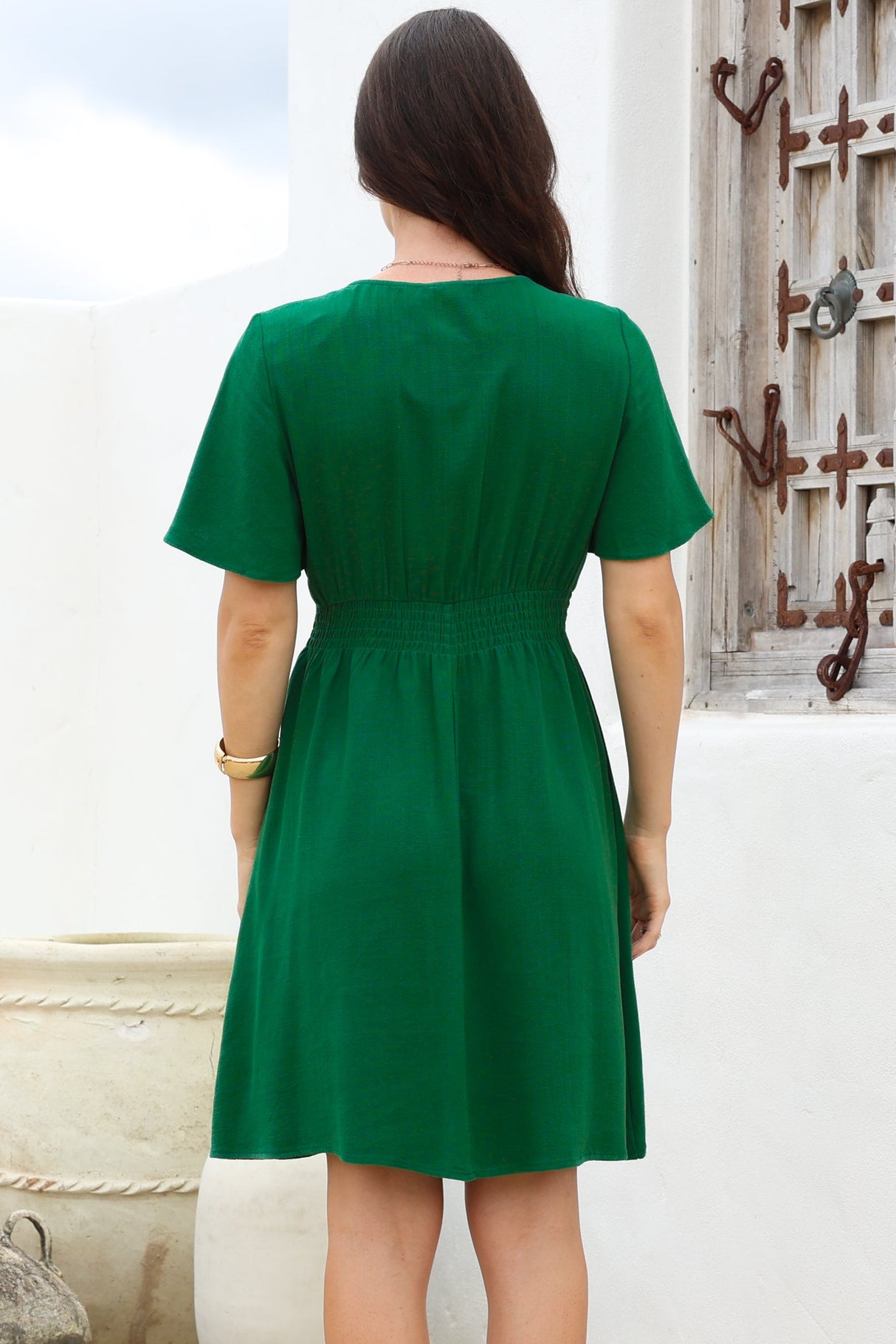 Stellar Mini Dress - Flutter Sleeve A-Line Dress with Pin Tuck Waist Detail in Green