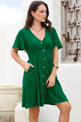 Stellar Mini Dress - Flutter Sleeve A-Line Dress with Pin Tuck Waist Detail in Green