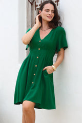 Stellar Mini Dress - Flutter Sleeve A-Line Dress with Pin Tuck Waist Detail in Green