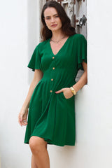 Stellar Mini Dress - Flutter Sleeve A-Line Dress with Pin Tuck Waist Detail in Green