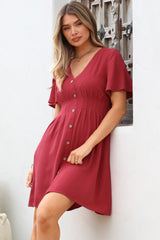 Stellar Mini Dress - Flutter Sleeve A-Line Dress with Pin Tuck Waist Detail in Red