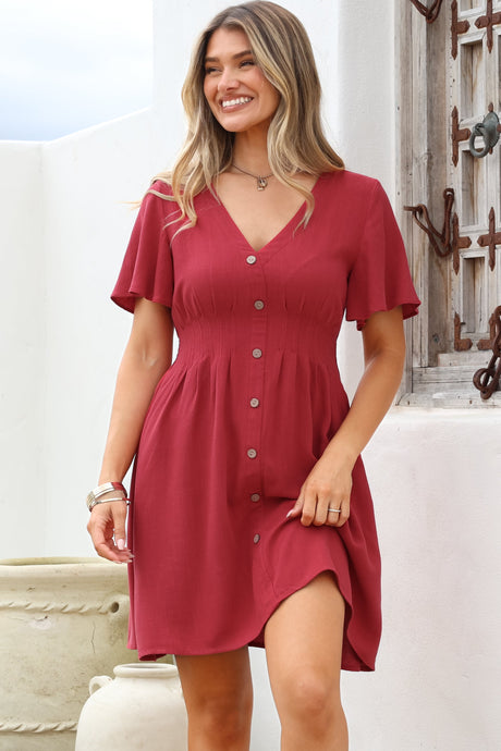 Stellar Mini Dress - Flutter Sleeve A-Line Dress with Pin Tuck Waist Detail in Red