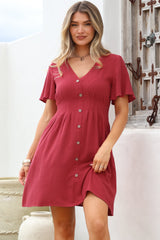 Stellar Mini Dress - Flutter Sleeve A-Line Dress with Pin Tuck Waist Detail in Red