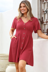 Stellar Mini Dress - Flutter Sleeve A-Line Dress with Pin Tuck Waist Detail in Red