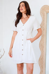 Stellar Mini Dress - Flutter Sleeve A-Line Dress with Pin Tuck Waist Detail in White