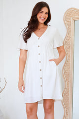 Stellar Mini Dress - Flutter Sleeve A-Line Dress with Pin Tuck Waist Detail in White