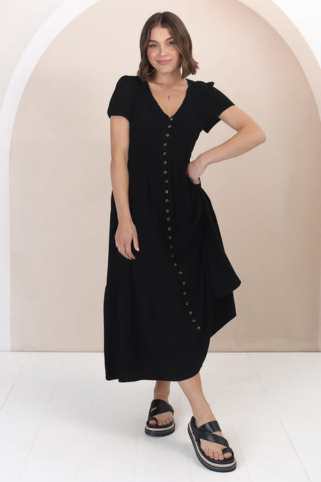 Stephan Midi Dress - Cap Sleeve Tortoiseshell Button-Down Tiered Dress in Black