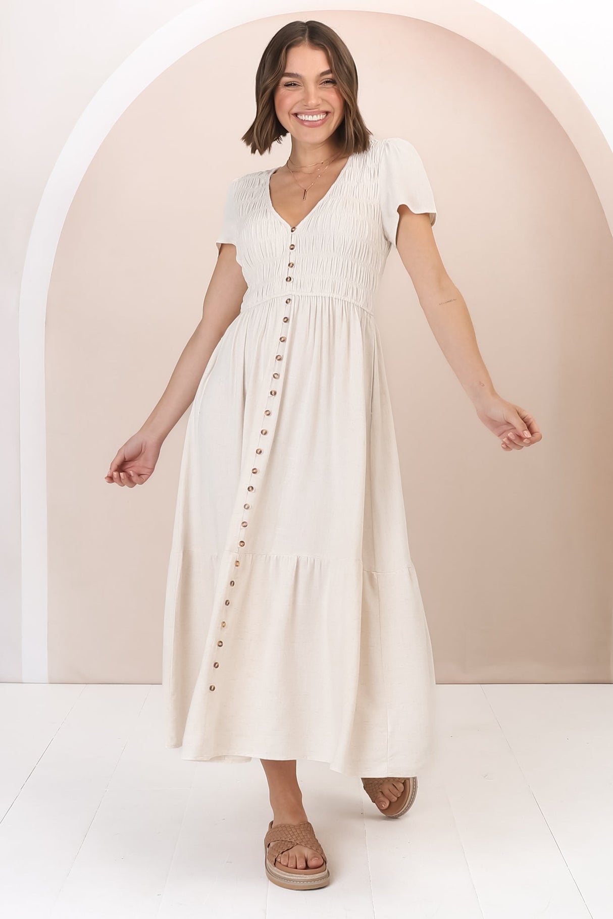 Stephan Midi Dress - Cap Sleeve Tortoiseshell Button-Down Tiered Dress in Cream