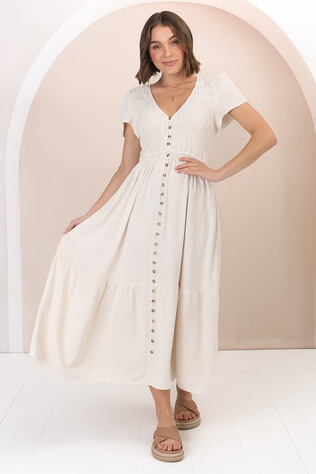Stephan Midi Dress Cap Sleeve Tortoiseshell Button Down Tiered Dress