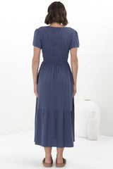 Stephan Midi Dress - Cap Sleeve Tortoiseshell Button-Down Tiered Dress in Navy